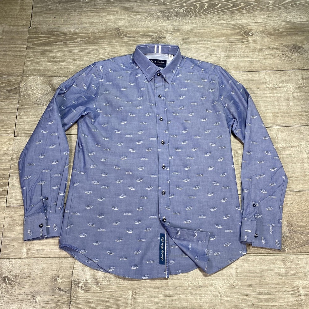 Robert Graham Shirt Mens Medium Blue Tailored Fit Car Print Stretch Long Sleeve‎